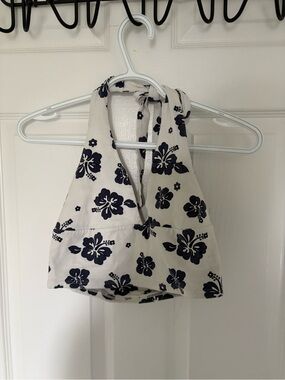 Garage White Halter Crop Top with Navy Floral Print
